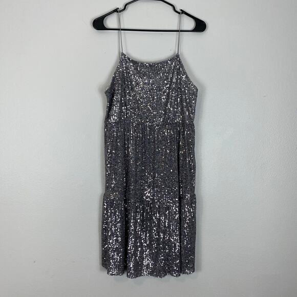 Zara Sequined Spaghetti Strap Mini Dress Tiered Size Large - Picture 1 of 7
